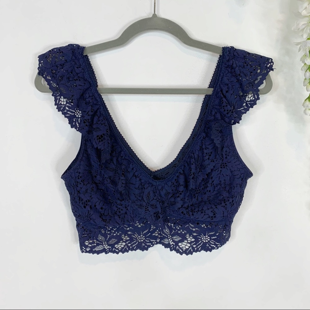 AERIE bralette navy lace ruffle sheep v-neck